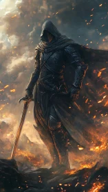 Hooded armored warrior with sword amid burning embers.