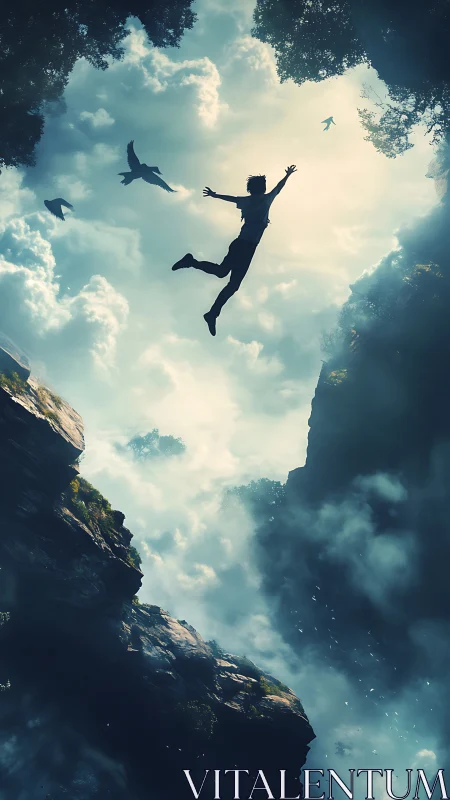 Sky-drunk dreamer tumbles upward between clouds and cliffs