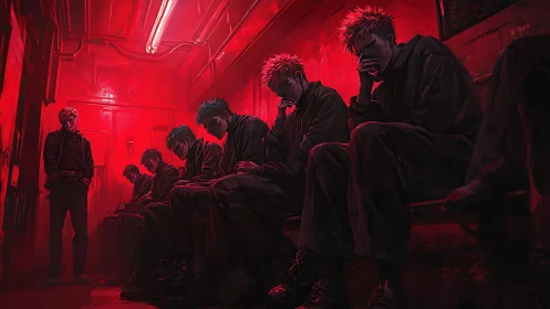 Brooding figures sit in a crimson corridor of uneasy silence