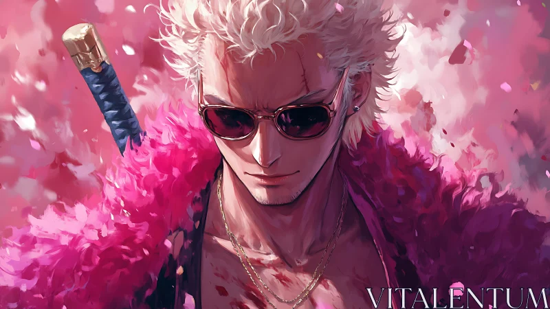 Cool blond swordsman in pink coat with falling petals.