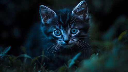 Luminous Kitten With Piercing Sapphire Eyes in Twilight.