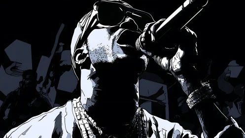 Digital illustration depicts rapper holding microphone onstage