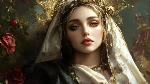 Female figure in ornate headdress and floral oil portrait