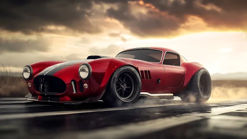 Red muscle sports car roars across a wet sunset highway
