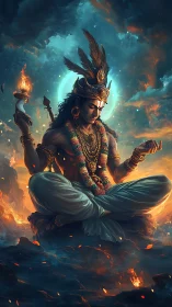 Mythic yogic deity in incandescent atmospheric equilibrium.