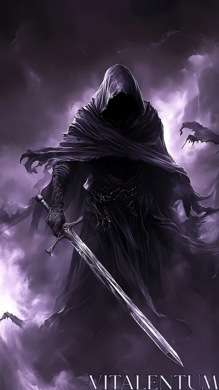 Shadow wraith warrior holds cursed sword in violet mist