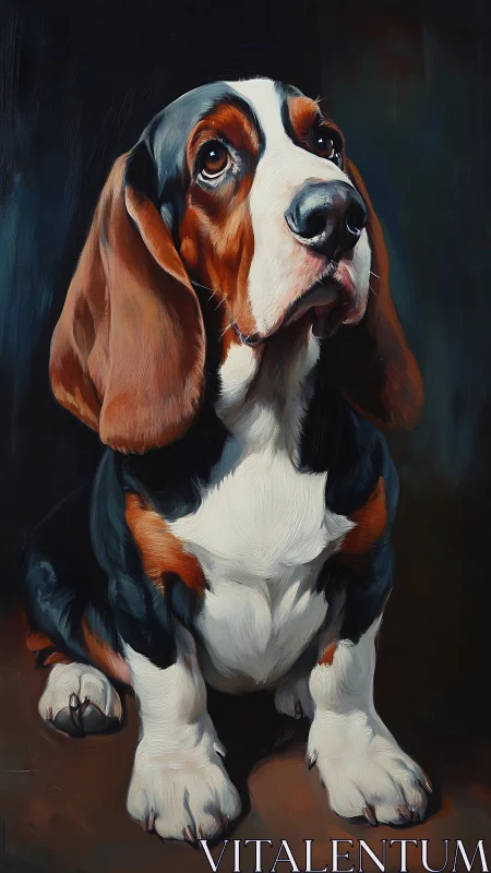 Basset hound portrait with detailed fur and long ears.