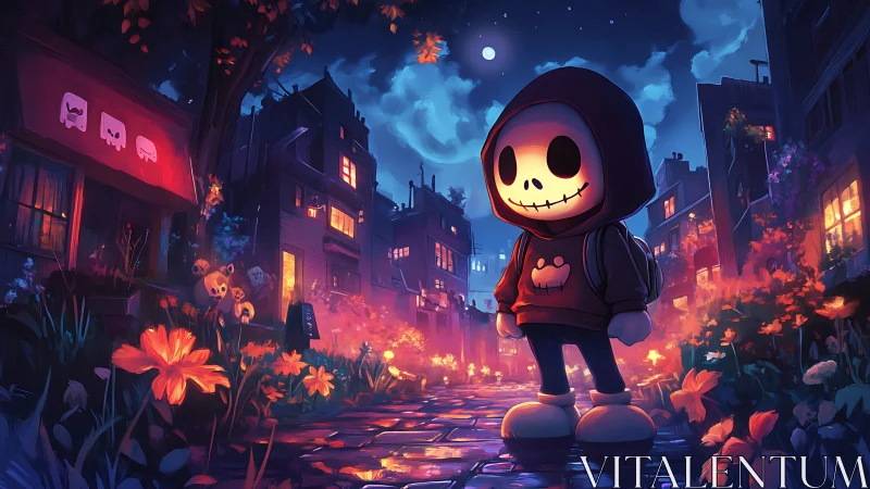 Luminous chibi skeleton fl&acirc;neur in neon-lit nocturnal alley.