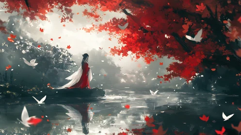 Crimson maple dreams embrace a lone river spirit in silence.