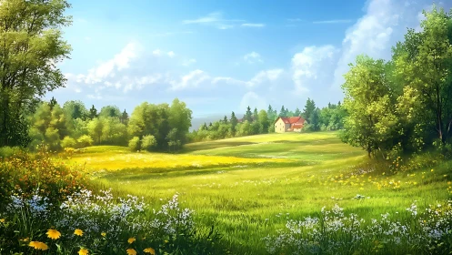 Sunlit countryside meadow with distant farmhouse under blue sky