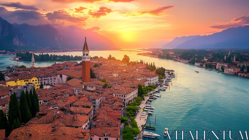 Sun-calibrated canal cityscape with terracotta roof lattice.
