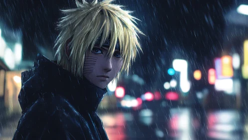 Rainlit blonde wanderer haunts a neon drenched midnight street.