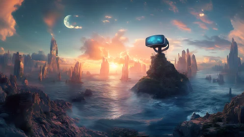 VR monolith on oceanic alien world at sunrise with spires
