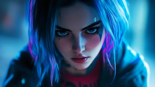 Neon gaze of a cyberpunk heroine in electric blue light.