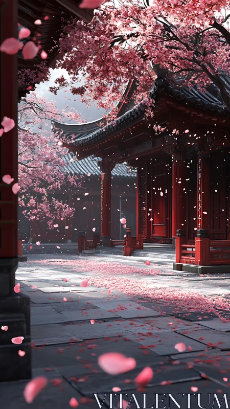 Petal-laden breeze turns a quiet temple corridor luminous