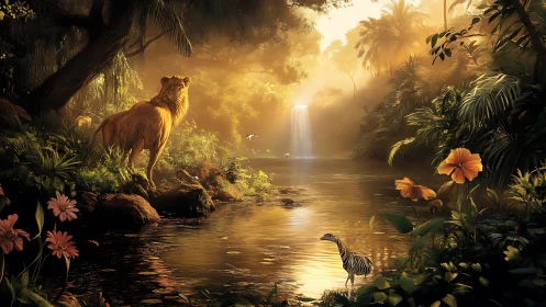 Mythical Lion Guards Enchanted Waterfall Sanctuary in Golden Light