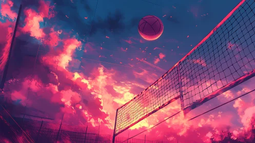 Volleyball soaring above net under blazing neon sunset sky.