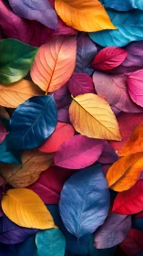 Multicolored leaves are arranged in a tightly packed surface