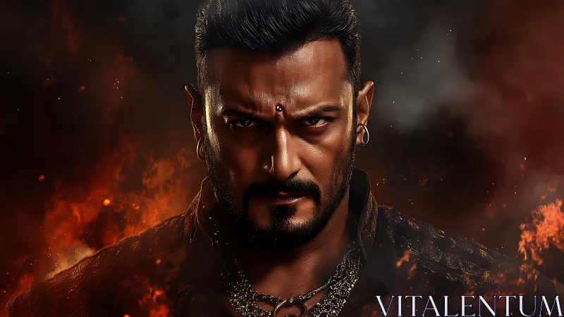 Intense warrior stares forward amid surrounding fire and smoke