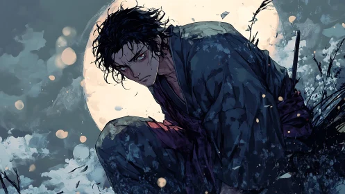 Bloodlit ronin crouched before oversized lunar backlight.