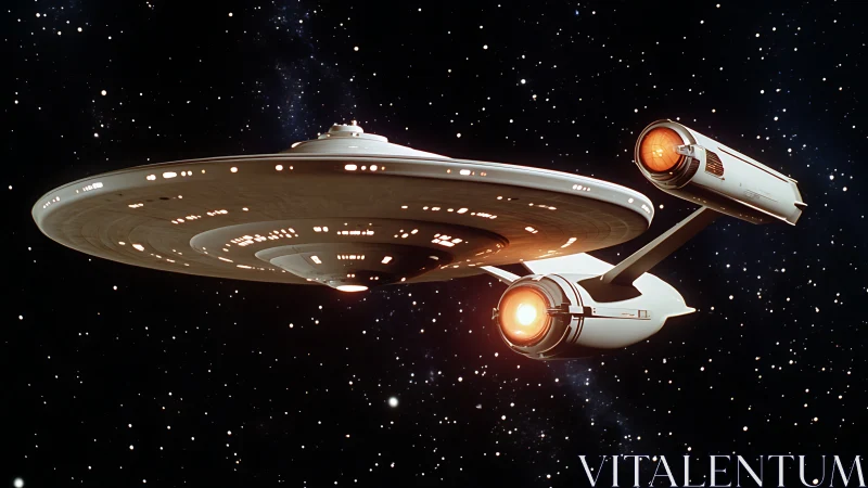 Fictional starship rendered against dense starfield backdrop.
