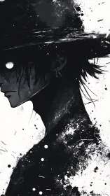 Monochrome ink-splatter profile of spectral hatted figure.