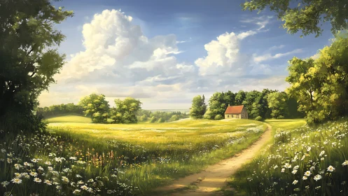 Sunlit rural meadow landscape renders depth with soft painterly light