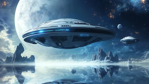 Futuristic disc-class starships over reflective alien ocean