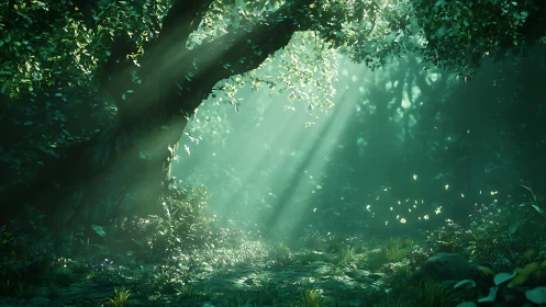 Sunlight pierces through misty forest canopy above lush woodland floor.