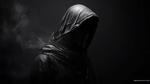 Hooded dark figure in shadow with smoke on black background.