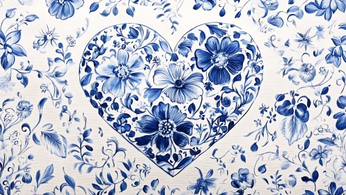 Blue and White Floral Heart with Botanical Pattern.