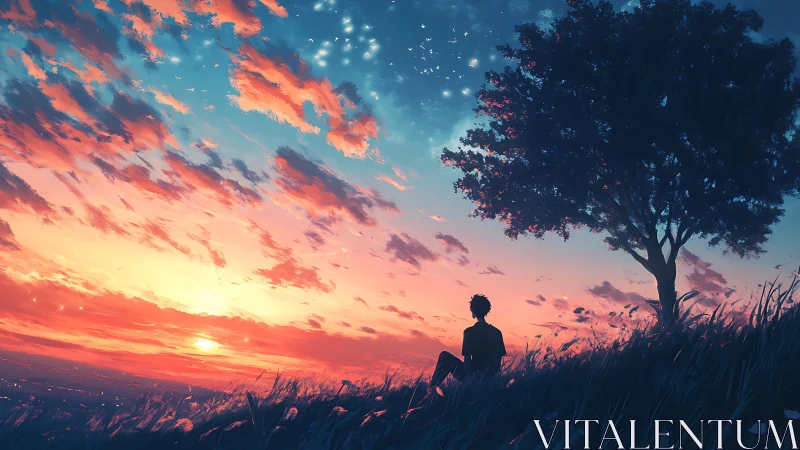 Solitary observer beneath gradient dusk skyfield matrix.