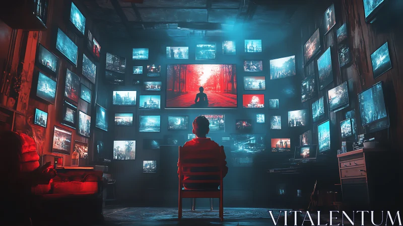 Solitary viewer monitors multi-screen cybernetic control room