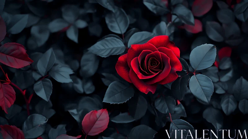 Crimson Rose Blooms Against Deep Teal Foliage