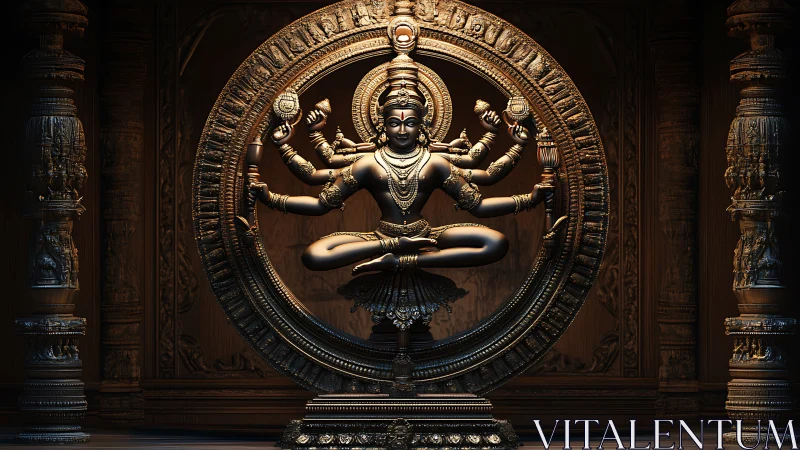 Bronze multi-armed deity sculpture within radiant circular halo.