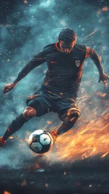 Soccer player strikes ball amid stylized fire and smoke effects