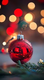 Red glass ornament with lights and evergreen branches.