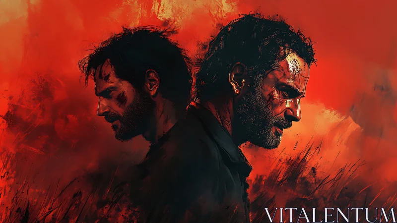 Dual portrait of battle-scarred man in infernal red field.