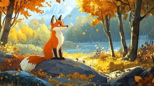Fox observing autumn forest from sunlit rocky clearing.