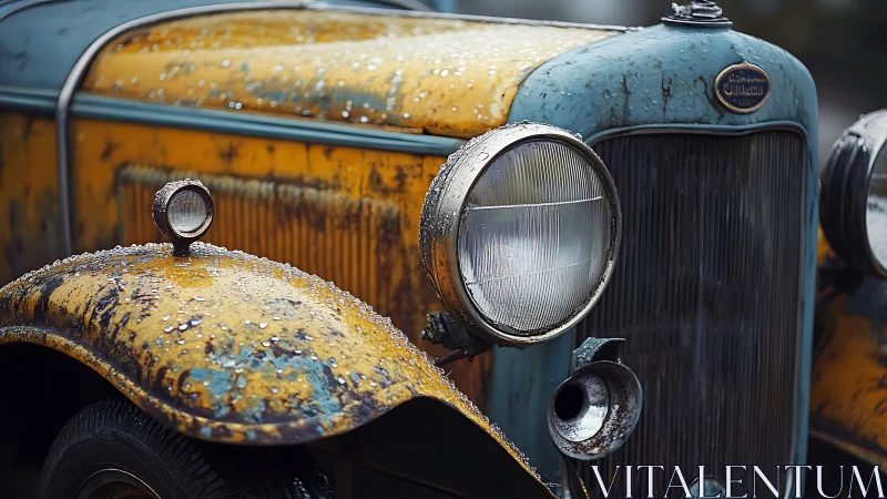Rusty yellow vintage car front with rain covered details.
