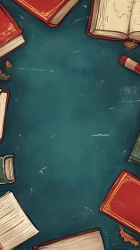 Illustrated border of scattered books on teal textured field.