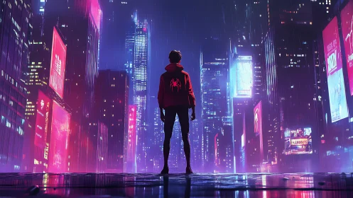 Neon storms crown a lone web‑hooded guardian of the city