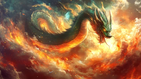 Skyfire serpent swirling through storm-bright heavens.