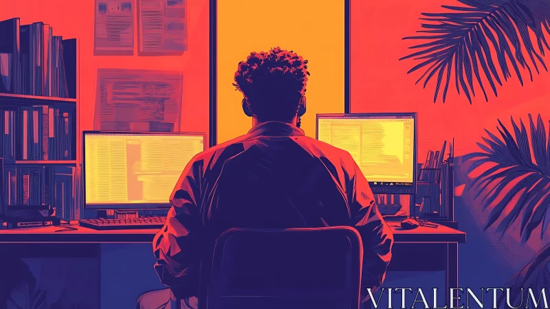 Focused coder at a glowing dual-monitor home workspace.