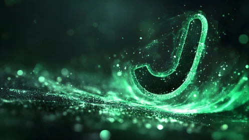 Glowing Green Letter J in Futuristic Digital Particle Swirl.