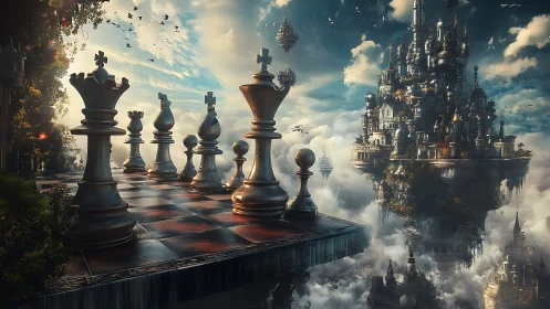 Floating chessboard with monumental pieces above clouds.