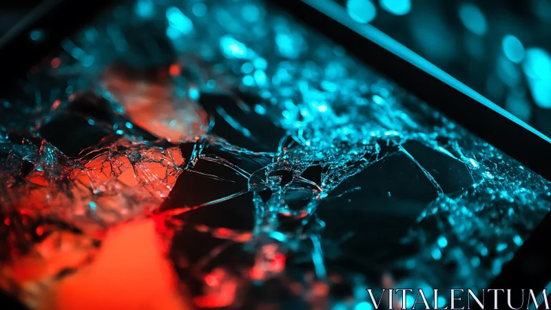 Shattered screen glowing in electric red and blue light.
