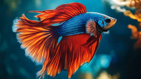Vibrant blue betta fish with flowing orange fins underwater.