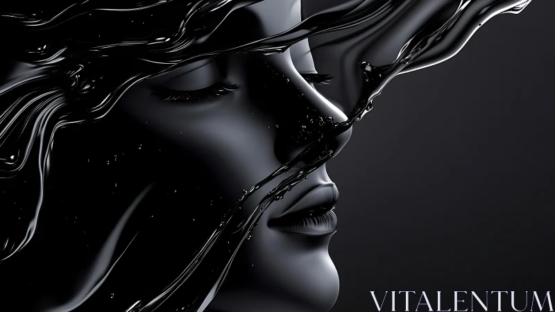 Fluid-sculpted monochrome face with reflective liquid dynamics