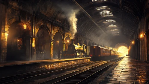 Steam locomotive in golden-lit Victorian terminus hall.